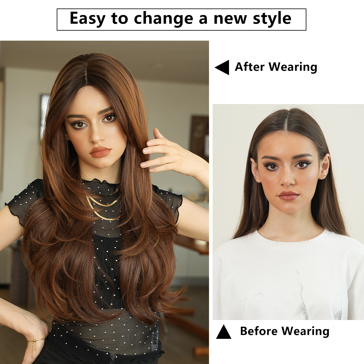 and Japanese Korean wigs sweet orange tea brown womens long hair high level mid split wig full head small lace wig headband
