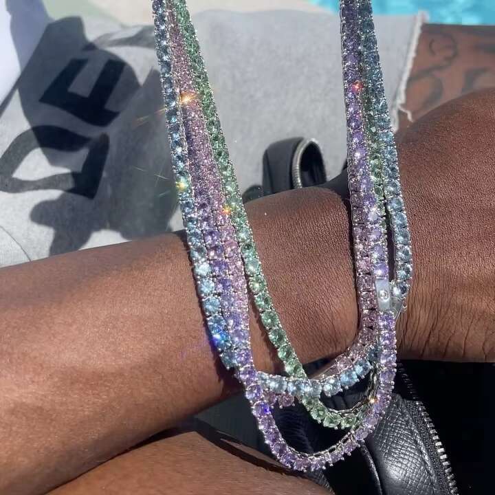 High Quality Pink Blue Green Yellow Diamond Fashion Jewelry Iced Out Chain Custom Idea Zircon Colorful Tennis Chain Necklace