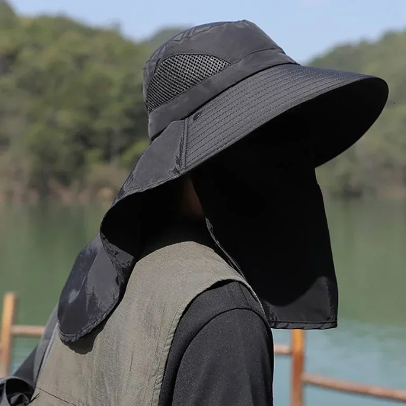 Summer Sun Hats UV Protection Outdoor Hunting Fishing Cap For Men Women Hiking Camping Visor Bucket Hat Neck Flap Fisherman Hat 250430