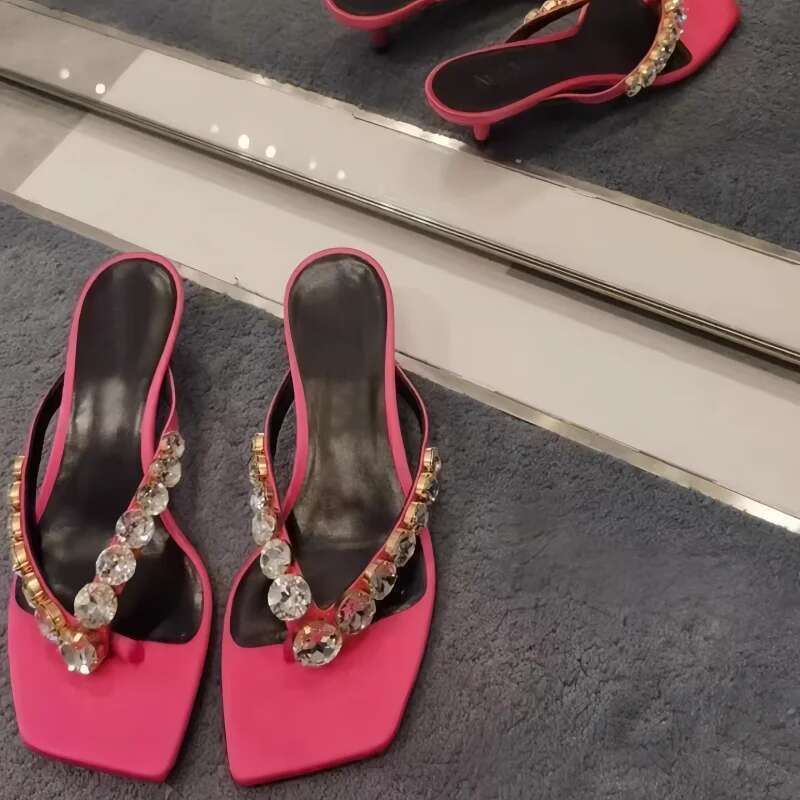 Rhinestone Slippers Kitten Heel Flip Flops Fashionable Versatile High Heels Women Outdoor Comfortable Casual Shoes