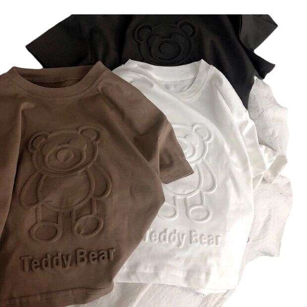 Boys T-Shirt, Printed Teddy Bear, Children's Three-Dimensional Soft Cotton, Summer Short Sleeved T-Shirt, Girls And Babies Casual Top, Bottom Lay