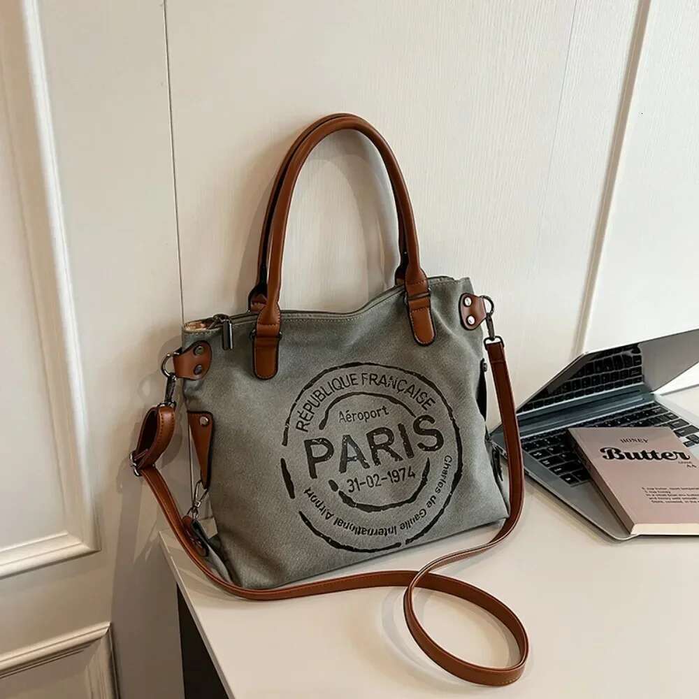 Large Retro Canvas Tote Adjustable Shoulder Strap Vintage Paris Stamp Print Stylish Crossbody Bag For Women Bag