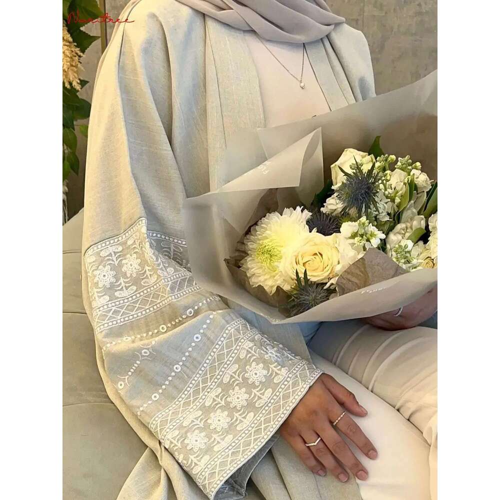 Fashion Embroidery Kimono Oversized Robe Syari Female Full Length Muslim Outerwear Worship Service Abaya With Belt Wy1946