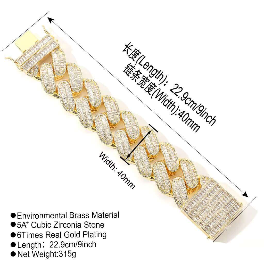 BES 40MM Men Hip Hop Jewelry Cuban Chain Bracelet Gold Plated Iced Out Cz Prong Cuban Link Chain Bracelet Diamond Cuban Chain