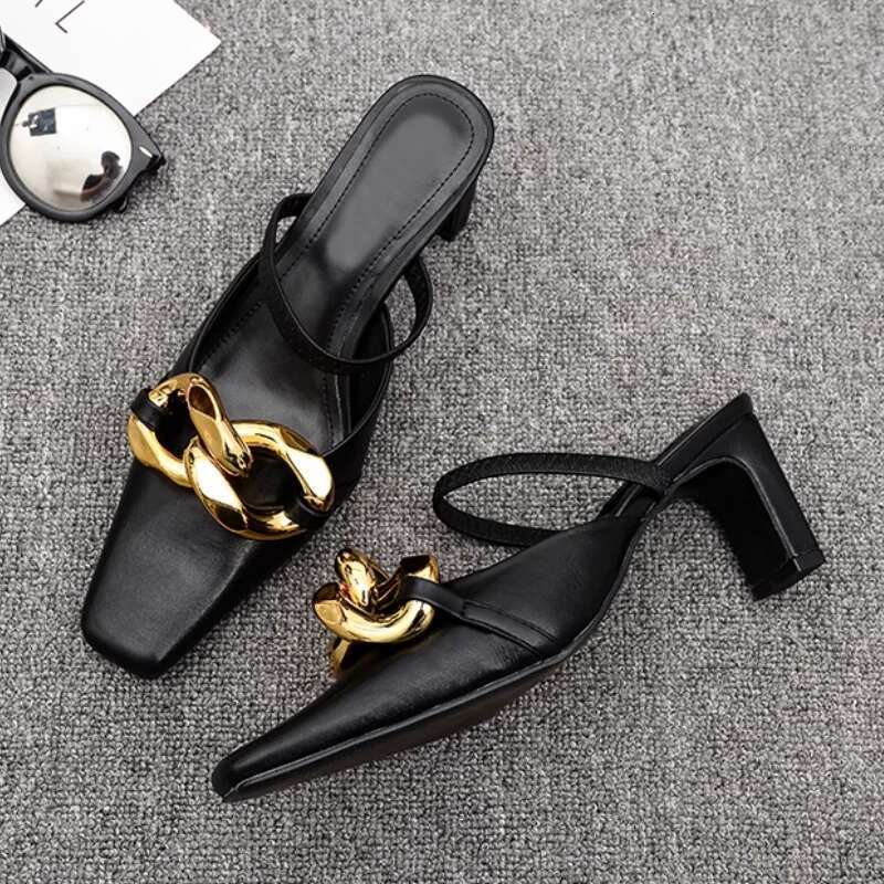Fashion Metal Chain Women Slippers Square Toe Slingback Sandals Slip-on High Heels Comfortable Casual Mules One Word Belt Shoes