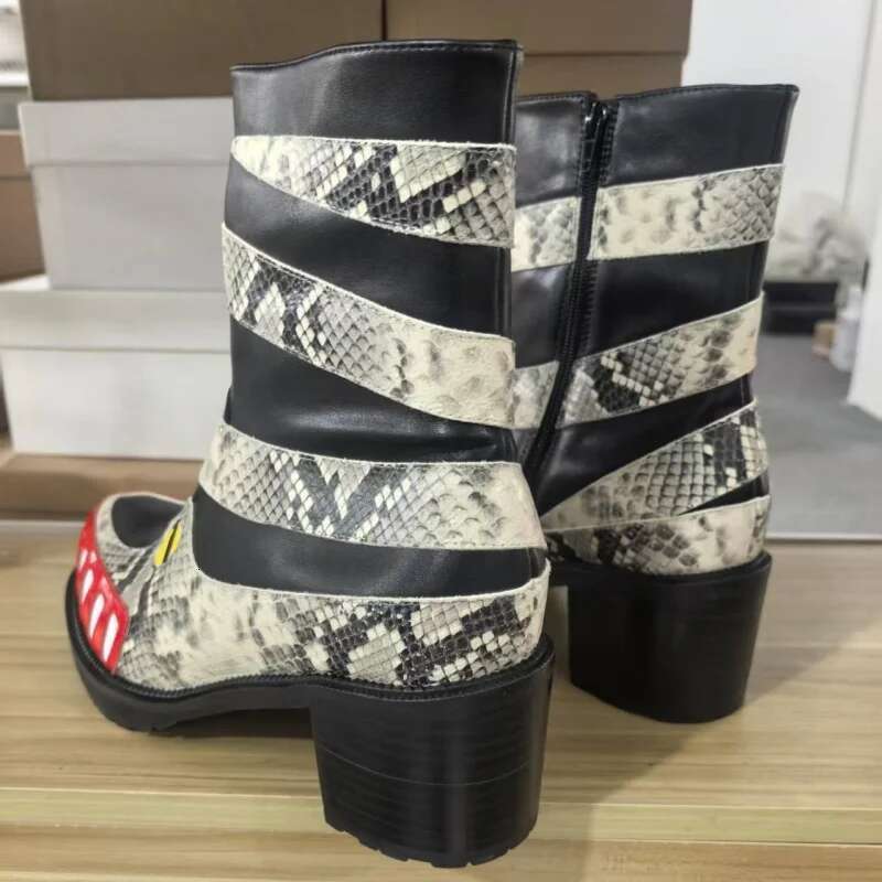 New brand Single Platform Thick Heel Shoes Teeth Print Ankle Men Street Round Casual Shoe Runway Catwalk Boots