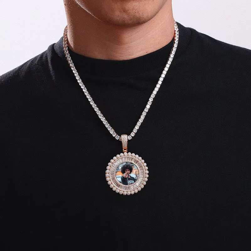 Baguette Memory Photo Pendant Hip Hop Iced Out AAAAA CZ Diamond Photo Custom Pendant Punk Round Diy Sublimation Memory Pendant