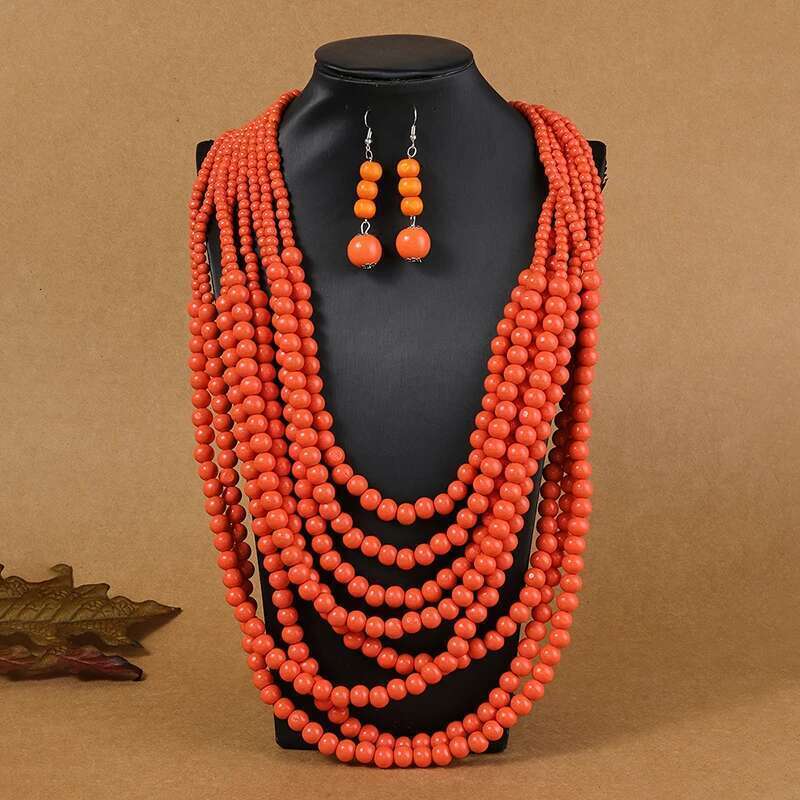 1Set African Style Multi-Layer Wooden Bead Chokers Colorful Bohemian Necklace Earrings Set Party Jewelry