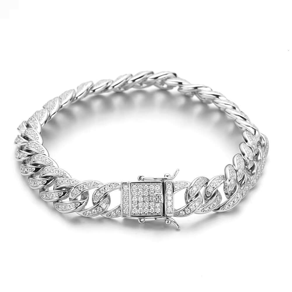 High Quality Hip Hop 925 Sterling Silver 9mm Miami Chain White Gold Plated Inset 5A Zircon Cuban Chain Bracelets for Gift