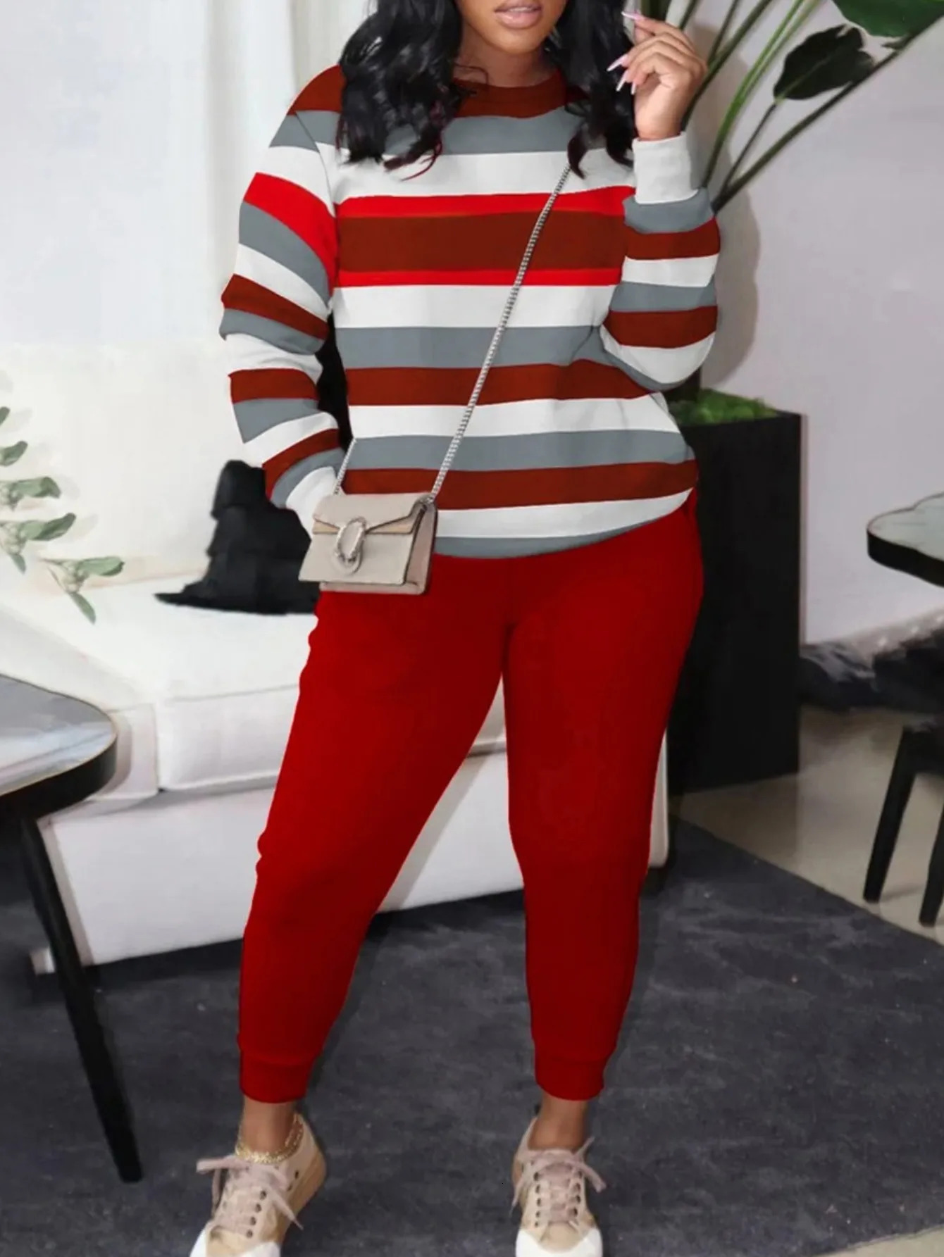XL-5XL LW Plus Size Striped Splicing Pants Set Womens Long Sleeve Long Leg Set Round Neck Casual Two Piece Set 250427