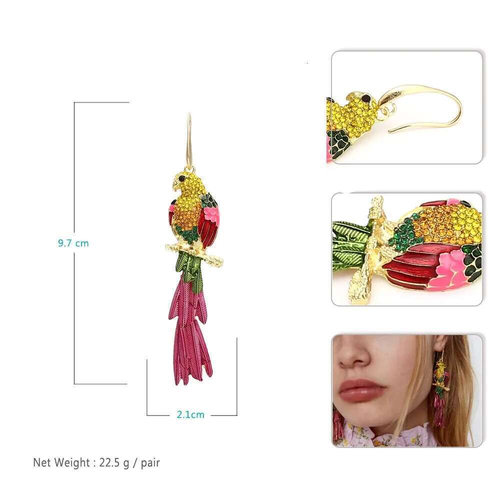Hawaiian Jewelry Wholesale Long Shining Rainbow Enamel Rhinestone Cute Animal Parrot Love Bird Dangle Drop Earrings For Women