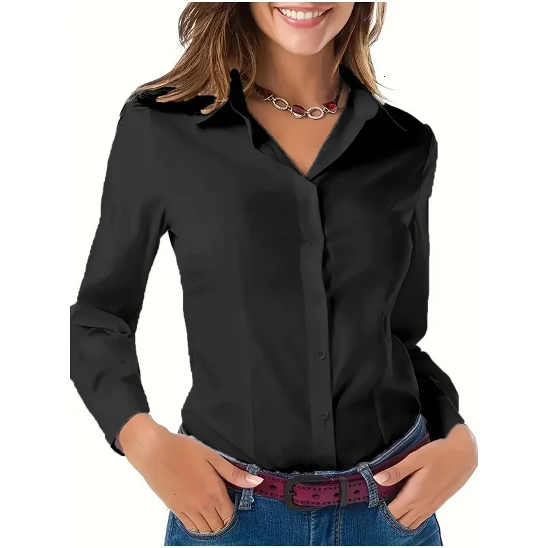 Solid button front shirt elegant long sleeved lapel suitable for spring and autumn fashion womens clothing basic top OL 250422