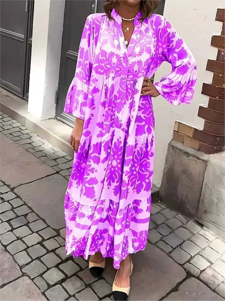 Elegant V-neck sparkling sleeves Bohemian long dress for women casual and loose autumn dress fashionable pattern printed button long party dress W2504