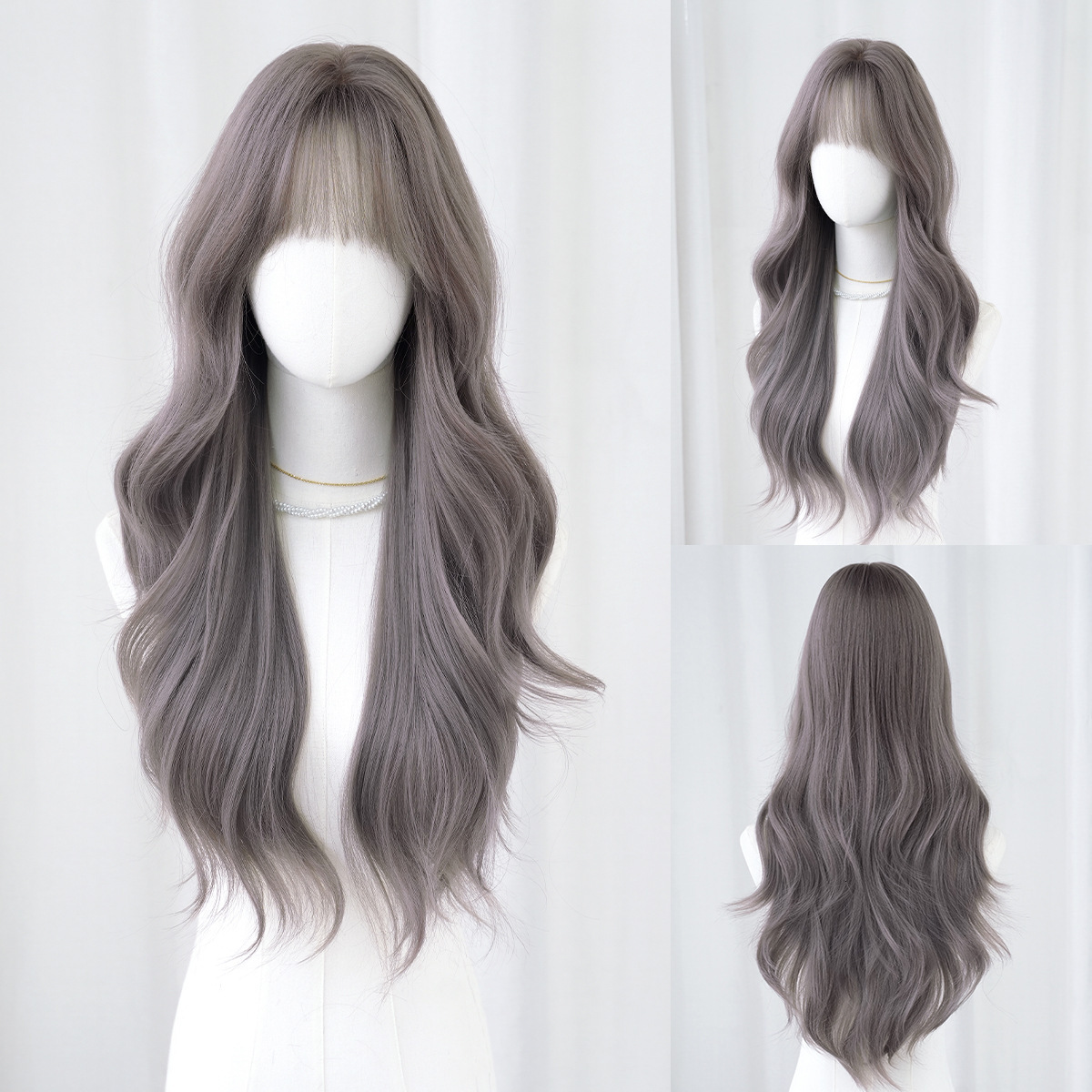 wig New for women gray purple long curly hair with wavy bangs high-quality wig natural full head cover