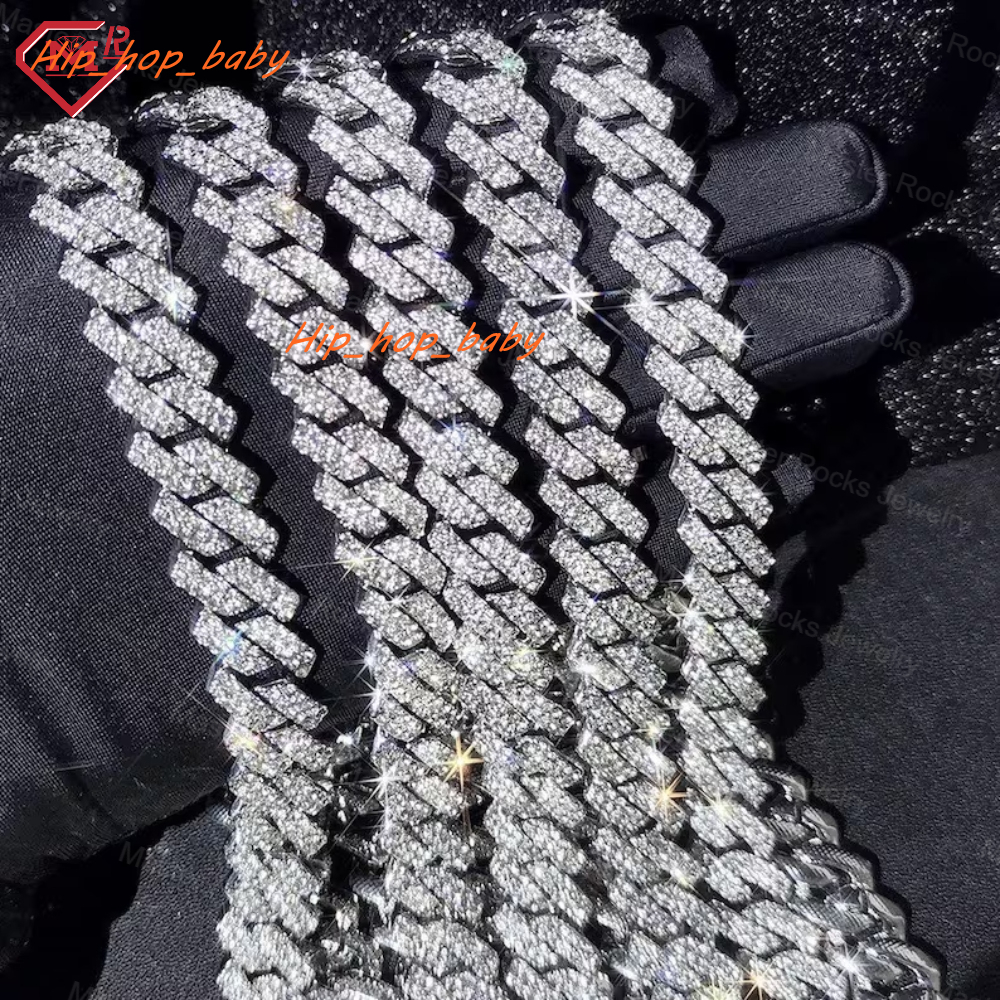 10MM Cuban Link Chain 2 Rows 925 Silver Vvs Iced Out Diamond Hiphop Moissanite Cuban Chain
