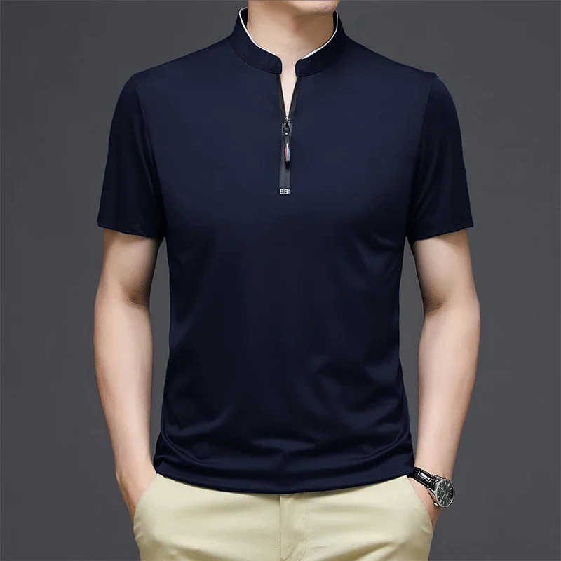 mens casual fashion solid color short sleeved polo shirt stand up collar version comfortable top 250428