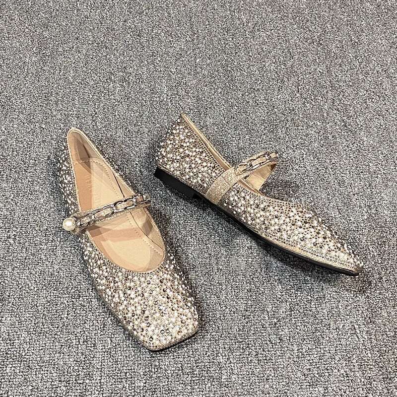 New Brand Women Rhinestone Flats Pearl Loafers Sparkling Sequined Shoes Strapless Buckle Sandals Casual Shoe