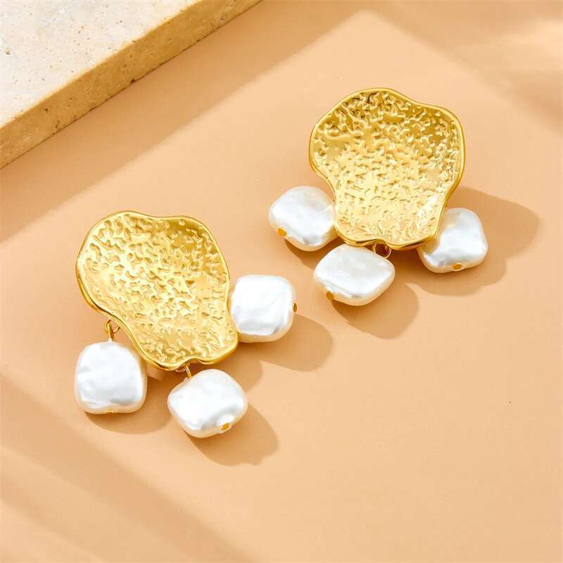 LAMENGLY 316L Stainless Geometry Cheese Pearl Pendant Earrings Necklace Ring Women New Creative Gold Plated Jewelry Set Gift