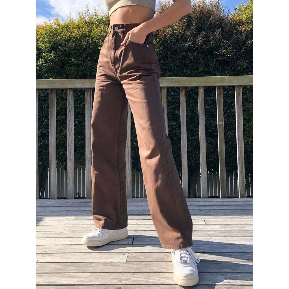 Women High Waist Wide Jeans Lady Baggy Oversized Denim Pants Streetwear Straight Leg Classic Casual Brown Long Trouser