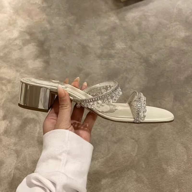 High Quality Shoes Rhinestone Slippers Thin Strap Block Heel Sandals Sexy Open Highheel Fashion Designer Women Shoe