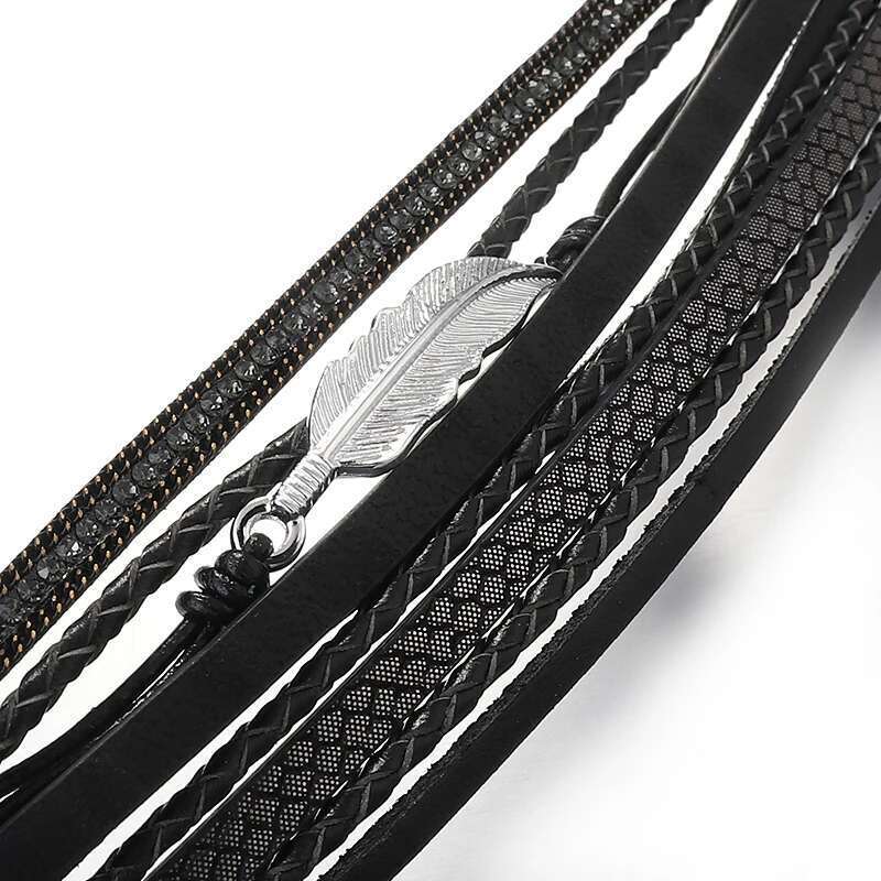 ALLYES Vintage Leaf Feather Multilayer Leather Bracelet Men Fashion Braided Handmade Rope Wrap Bracelets Female Jewelry