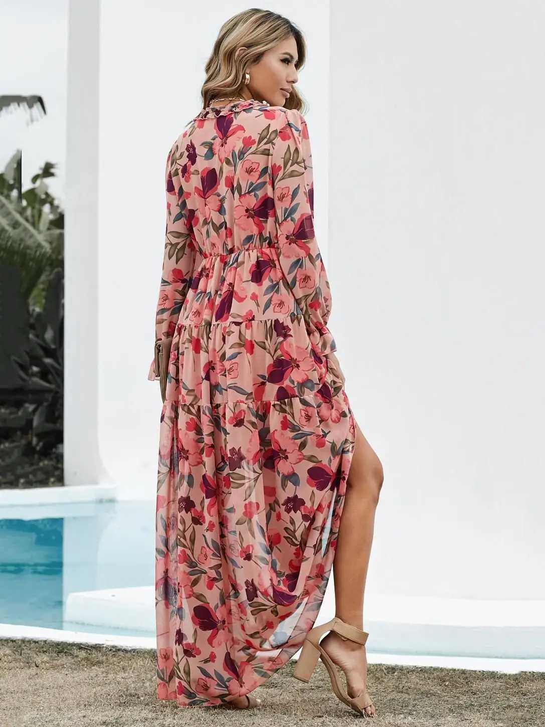 Elegant printed womens spring and summer casual pleated edge laminated long sleeved chiffon A-line long skirt party vest W250430