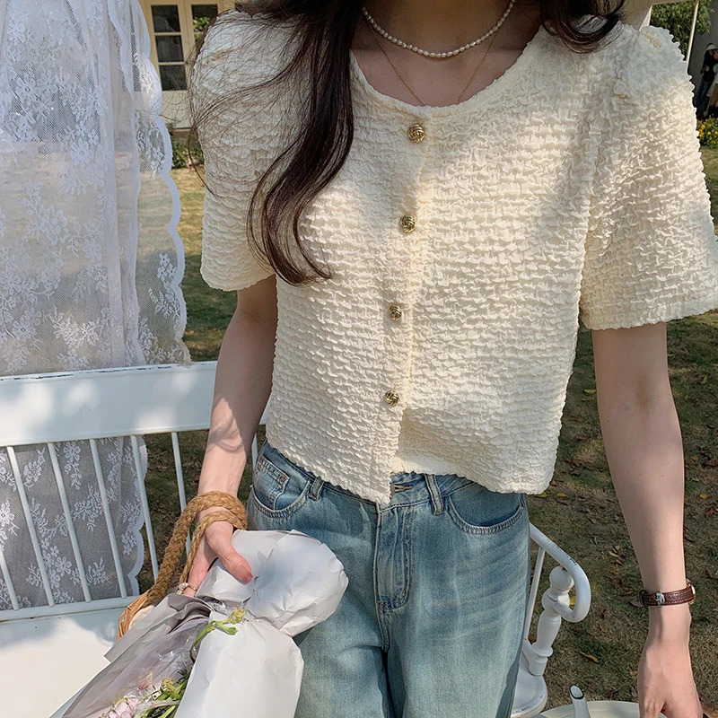 Summer Short sleeved Oneck Womens Shirt Sweet White Top 2025 Blusas Para Mujer Blusa XL183 250422
