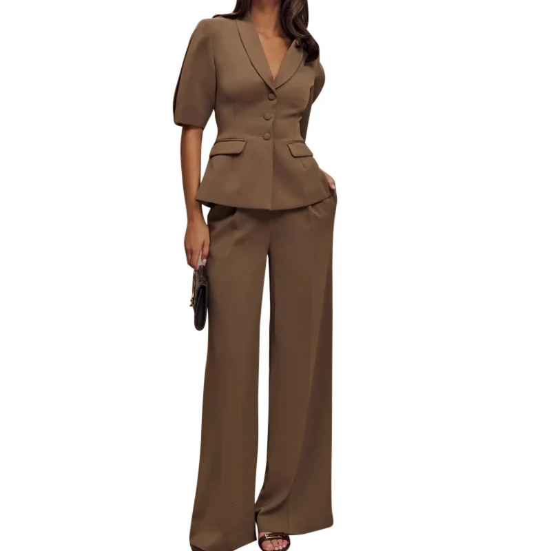 Vneck suit jacket for women ultrathin short sleeved solid color commuting lapel casual minimalist top springsummer 250428