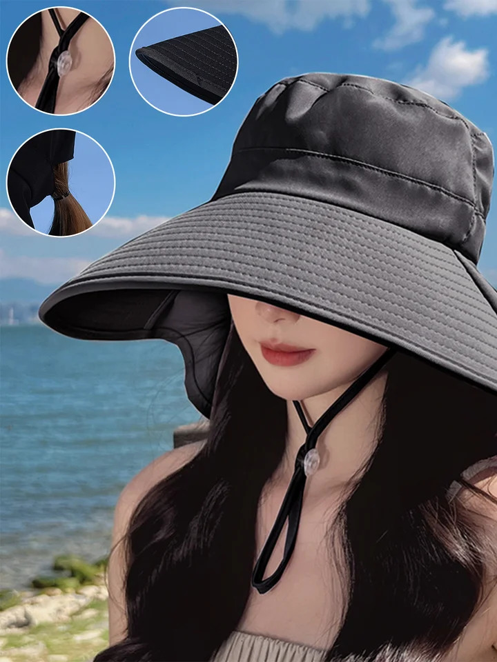 Summer Sun Hats For Women Wide Large Brim Ponytail Bucket Hat Outdoor Fishing Hiking UV Anti Neck Protect Shawl Visor Panama Cap 250430