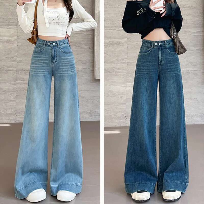 Spring and Autumn New Women's Soft Jeans Girls Small High-Waisted Wide-Leg Large Flared Casual Drag Pants