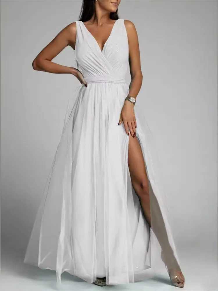 Elegant solid color sparkling party dress womens warm V-neck lace mesh seam long dress evening dress womens vest W250430