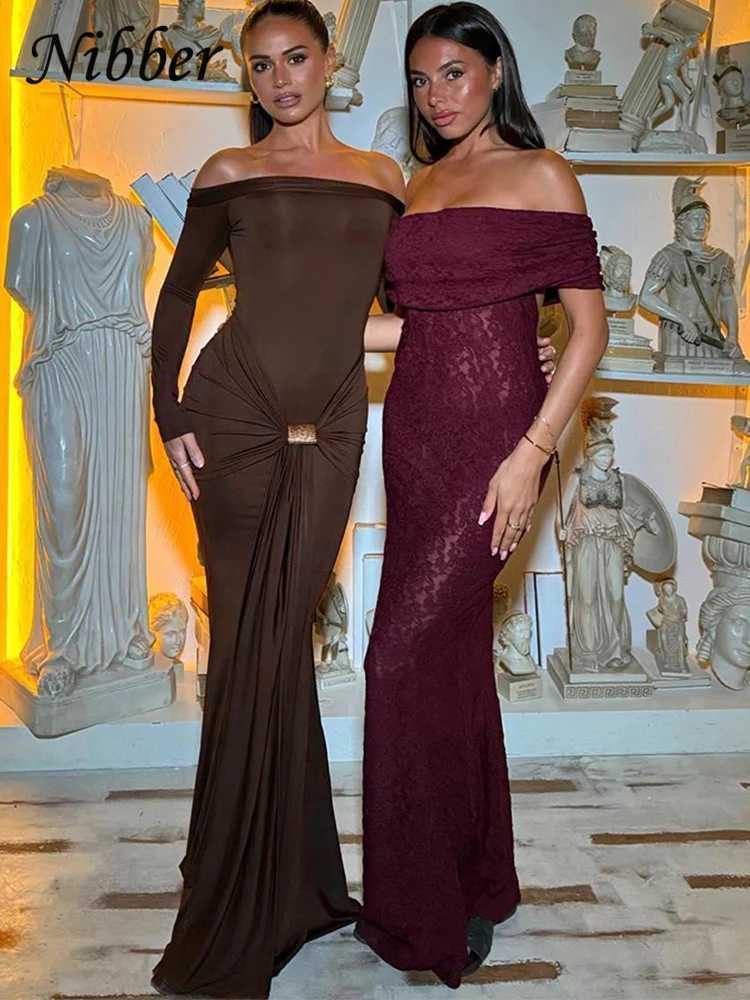 Nibber Elegant Party Dress Ruched Metal Buckle Ribbon Slash Neck Full Set Tight Stretch Birthday Party Slimming and Body Growth W250430