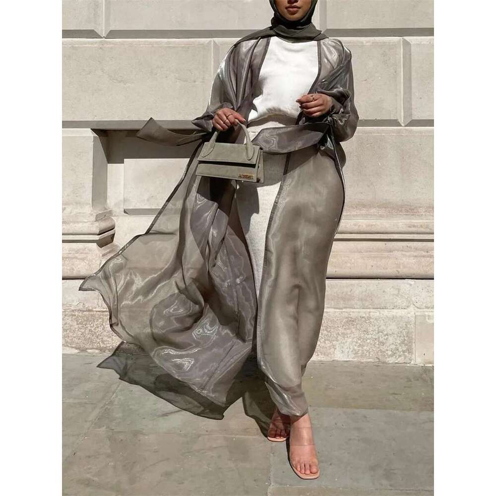 Summer Eid Djellaba Shiny Soft Puff Sleeves Silky Abaya Dubai Turkey Muslim Dress Islam Abayas Wy800