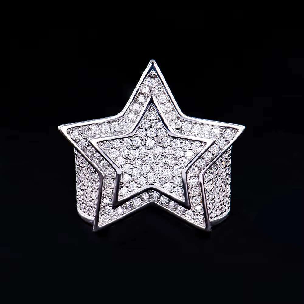 925 Sterling Silver Jewelry Hip Hop Style Pass Diamond Tester D VVS Iced Out Moissanite Double Layers Star Ring for Rapper Men