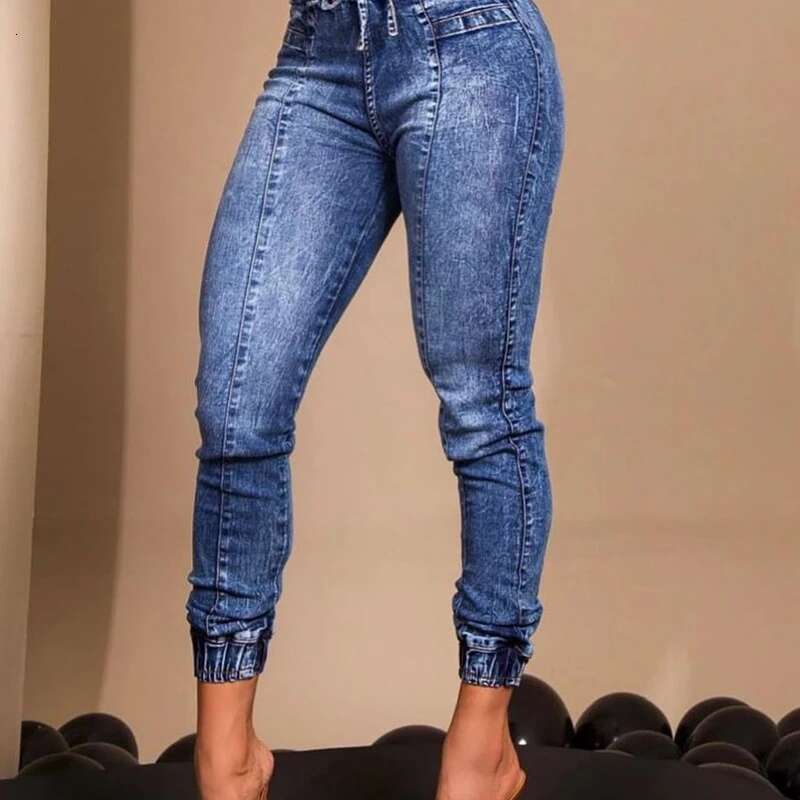 Women Jeans Elastic Waist Solid Color Pencil Pants Pockets Streetwear Casual Slim Fit High Street Flat Zipper summer Autumn