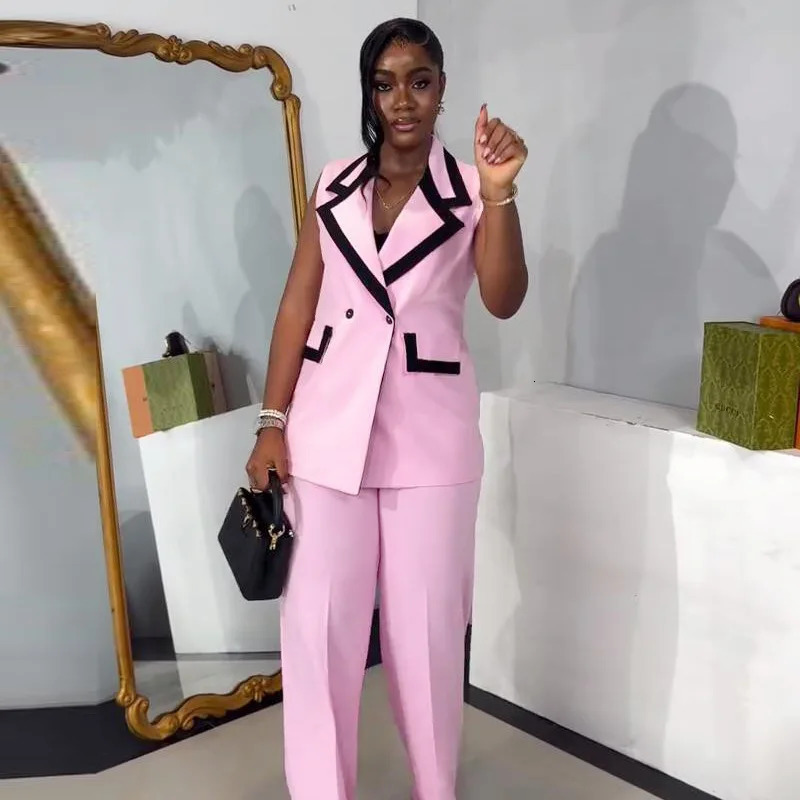 Pants set womens twopiece matching work elegant double chest top vest wide leg pants high waist Y2k pink 250530