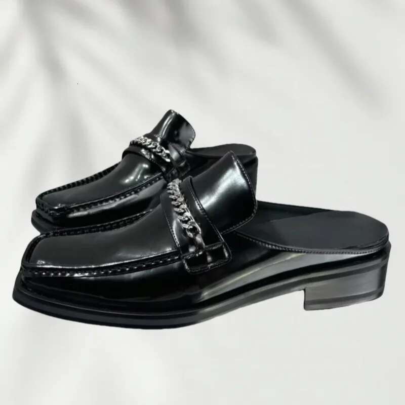 Square Toe Casual Flat Half Slippers Glossy Leather Metal Button Chain Men Man Shoes Slip-on Summer Comfortable Loafers