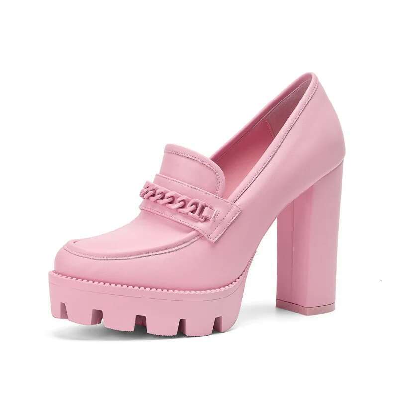 Metal Chain Single Fashionable Chunky Heel Casual Round Toe High Heels Platform Thick Soled Shoes Women