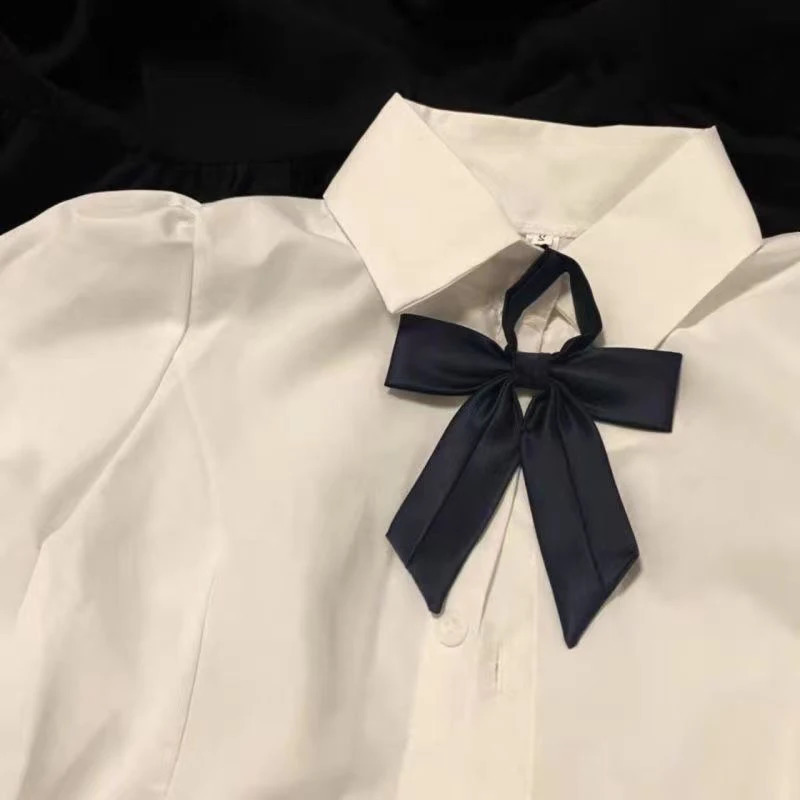 White Sweet Shirt Women Korean Fashion Preppy Style Jk Bandage Short Sleeve Shirt Ladies Summer Y2K Slim Elegant Bow Tops 250425