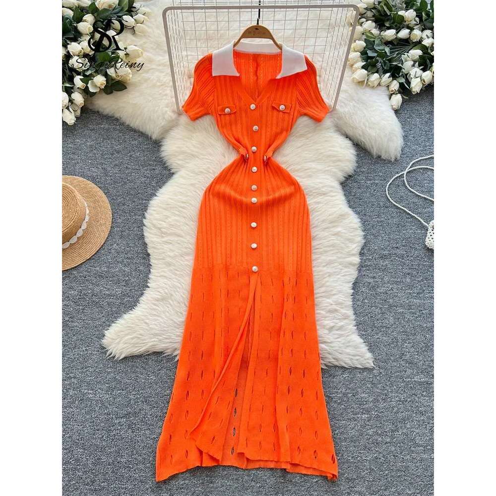 SINGREINY Senior Workwear Knitting 2025 Women Polo Collar Buttons Design Sundress Vintage Fashion Solid Split Long Dress