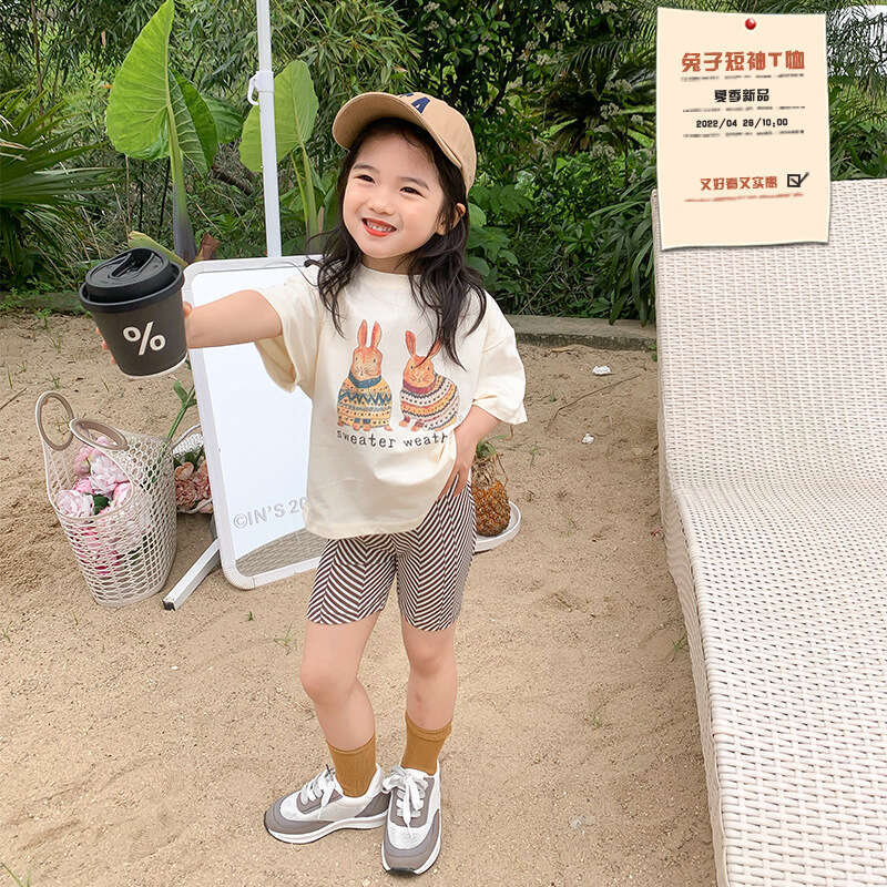 2025 Summer New Girl's Little Rabbit Cartoon Printed Short T-Shirt, Children's Baby Fashionable Half Sleeve Top Trend