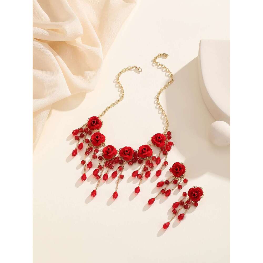 3Pcs/Set Elegant Vintage Red Rose Crystal Tassel Pendant Necklace And Earrings Romantic Jewelry Set, Zinc Alloy, Stainless Steel