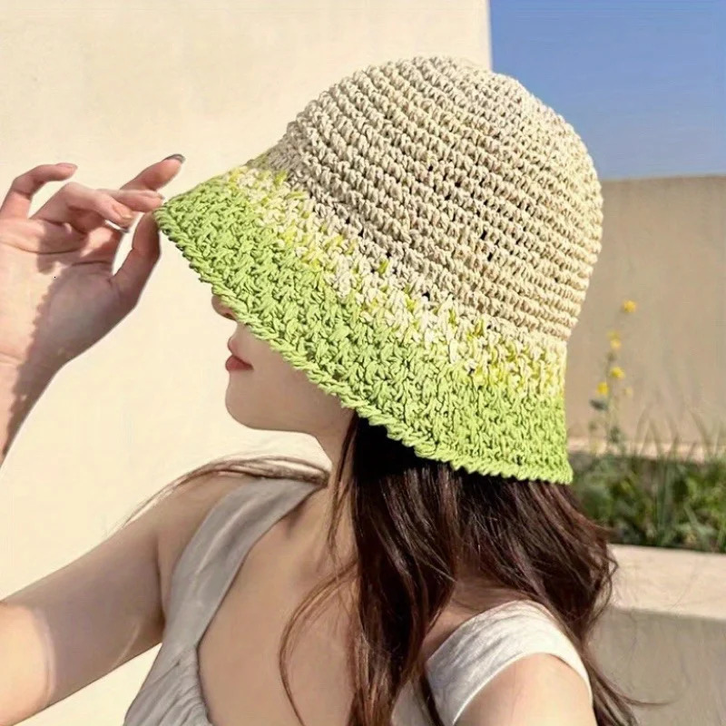 1pc Women Straw Sun Hat Foldable Beach Hat Wide Brim Floppy Bucket Hat 250430