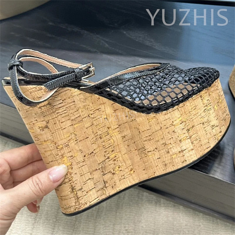 Summer Breathable Mesh Wedge Heels Platform Sandals Women Thick Sole Super High Heels Rome Sandals Sexy Dress Party Pumps Mujer 250428