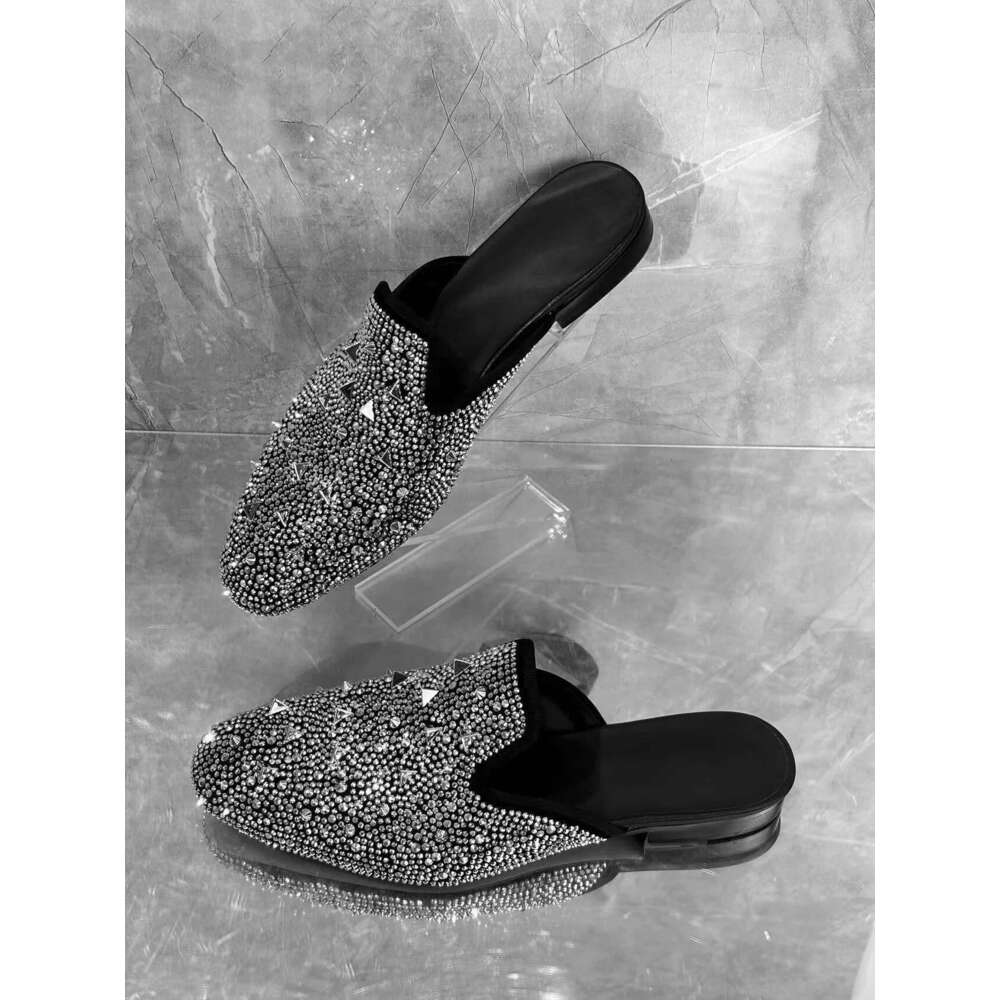Rhinestone Men's Outdoor Slippers Slip-on Sier Glitter Sandals Flat Bottom Comfortable Men Shoes