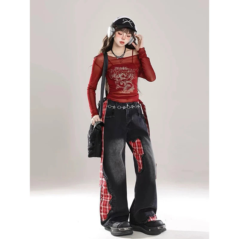 Female Trendy Jeans Grunge Japanese Harajuku Y2K Bagged Denim Pants Netpunk Hip pop 2000s Aesthetic Plain Patchwork Trouser Tomboy 250423