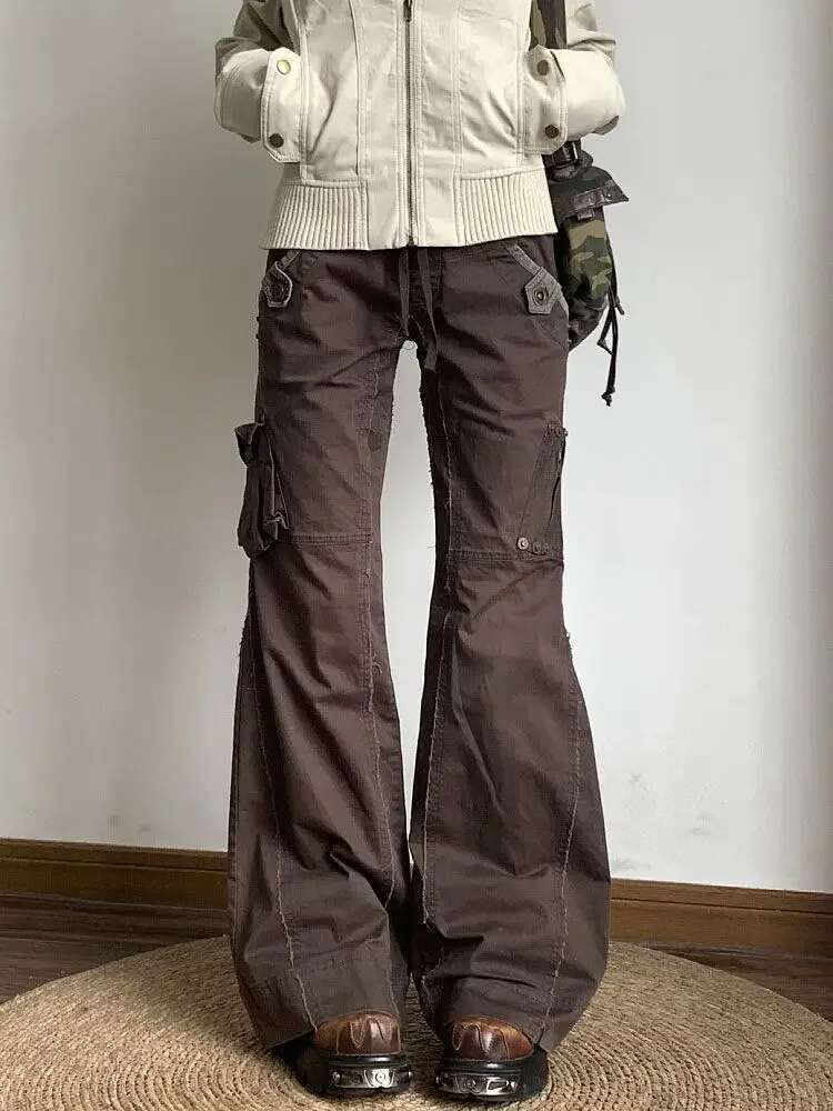 Y2K Aesthetic Brown Spliced Flare Jeans Women High Waist Streetwear Cargo Jean Pants Vintage Denim Trousers Grunge Pantalones