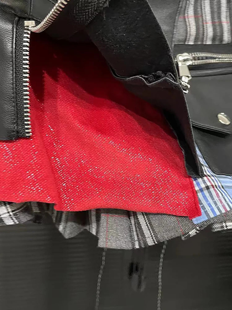 DEAT Womens Denim Skirt High Waist Pu Leather Patchwork Plaid Irregular Wrap Hip Mini Skirts 2025 Spring Fashion 29L7565 250421
