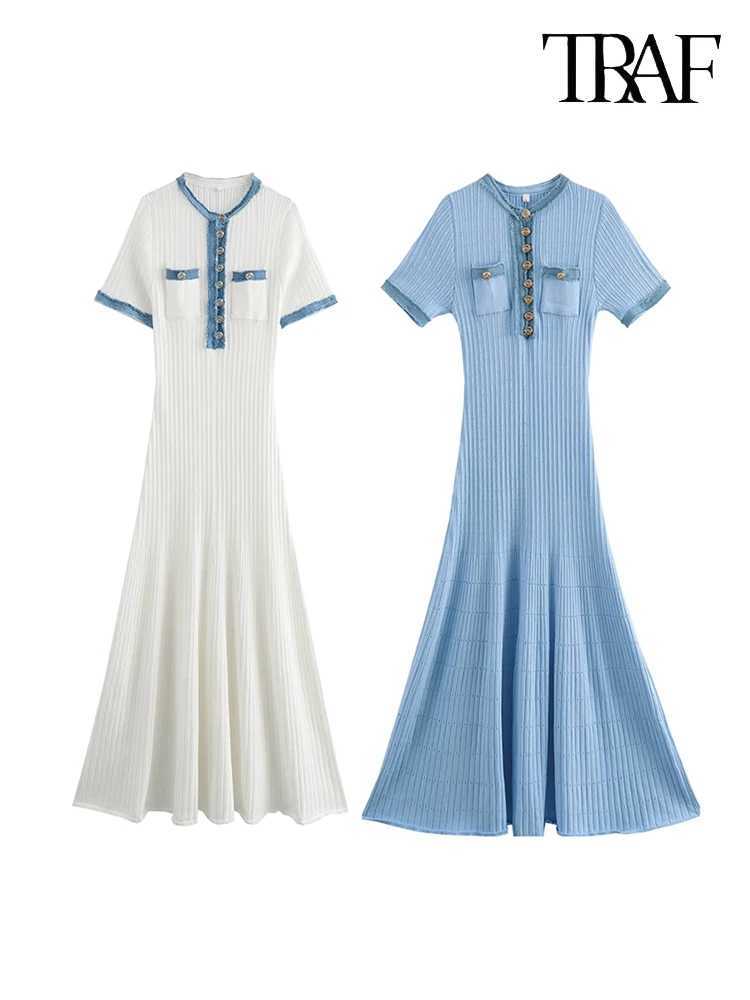 TRAF womens metal button knit dress denim patch work solid color street commuting casual short sleeved long skirt W250430