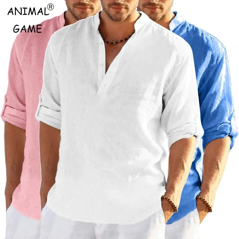 mens linen long sleeved solid color loose casual breathable shirt cotton designer lightweight streetwear 250427